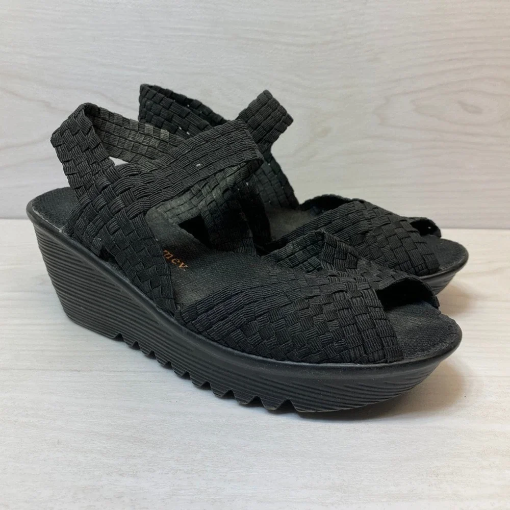 Bernie Mev Womens 37 Wedge Sandals Woven Elastic Platform Black Comfort Walking